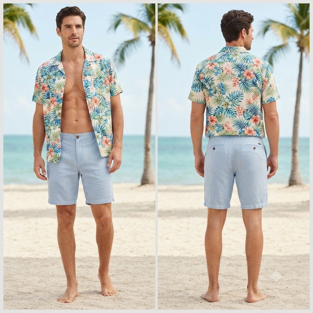 Caribbean Shorts Mens 46 100% Linen Blue Elastic Drawstring Button Casual 11 in